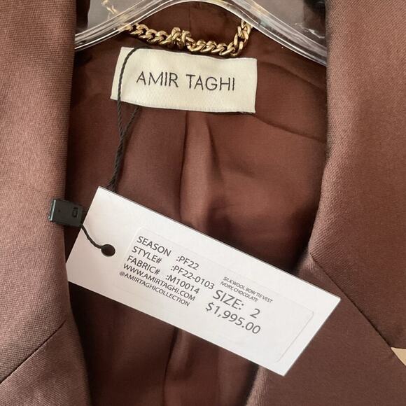 NWT Amir Taghi Silk Wool Bow Tie Blazer Vest Size 2 White Brown - Picture 7 of 12